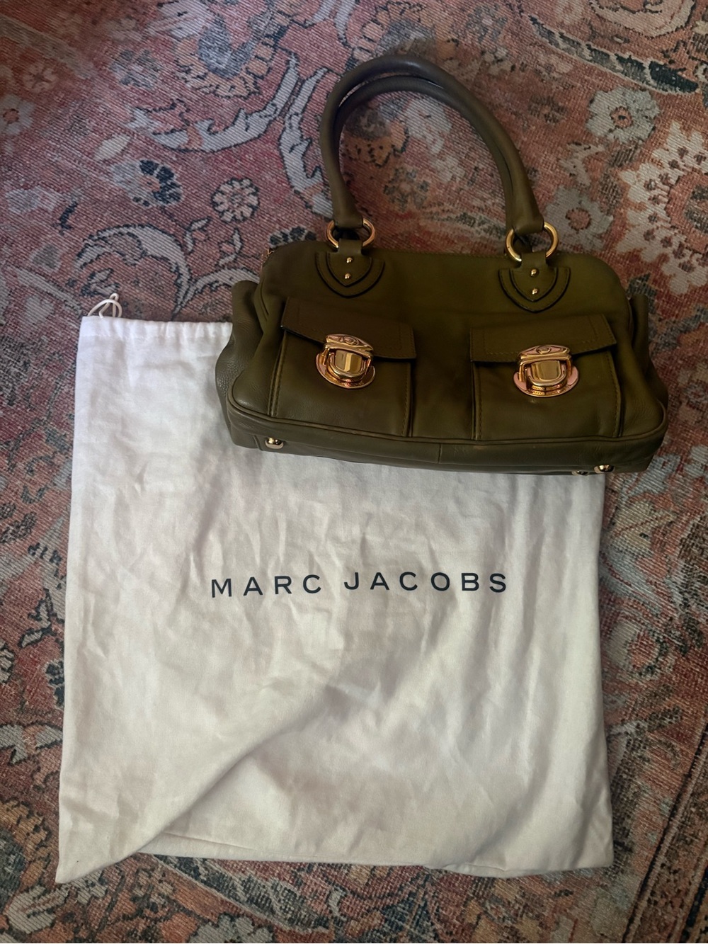 Marc Jacobs Olive Green Leather Shoulder Satchel with Gold Hardware